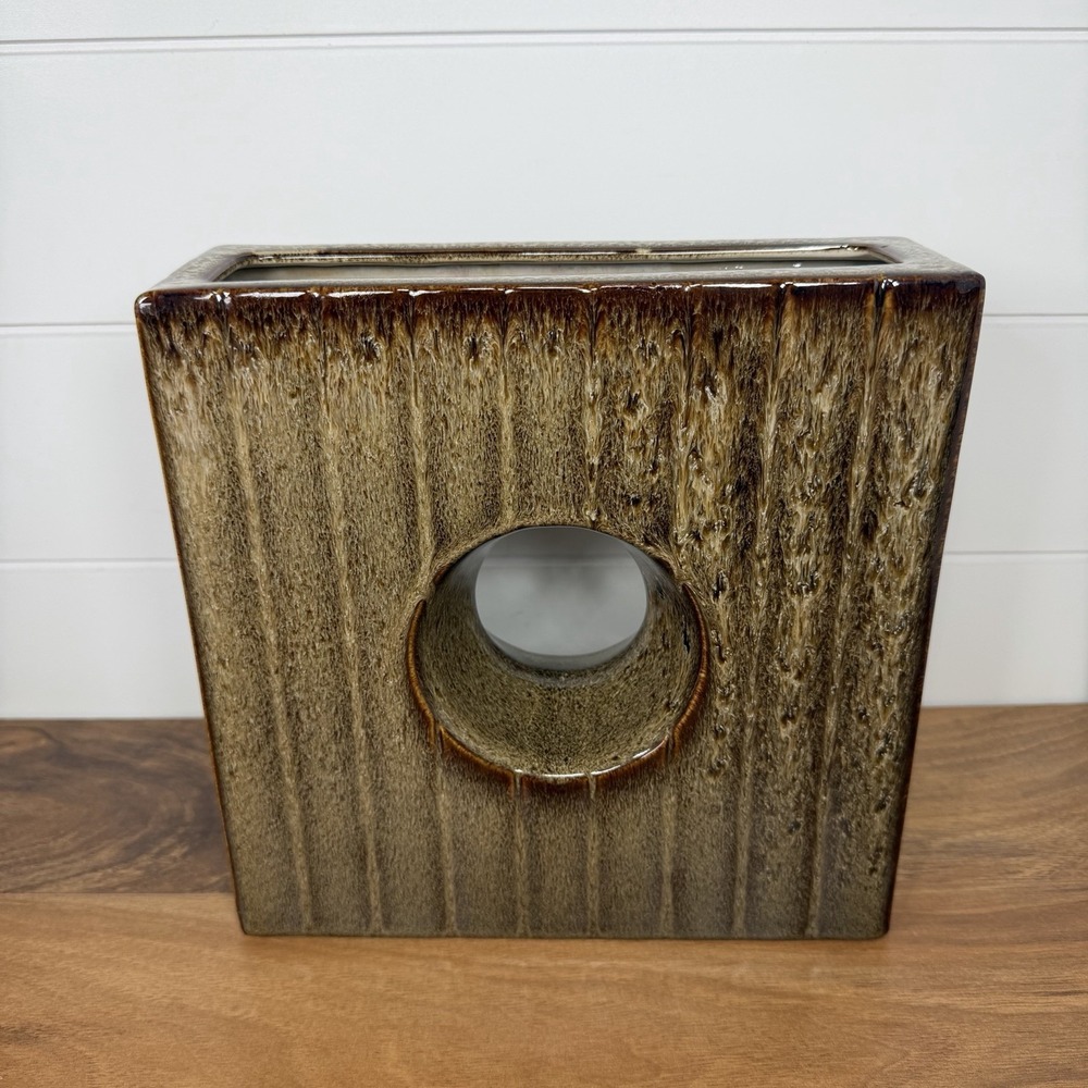 VTG Pottery Vase 9" Brutalist MCM Bronze Brown Glaze Geometric Art Square Vase